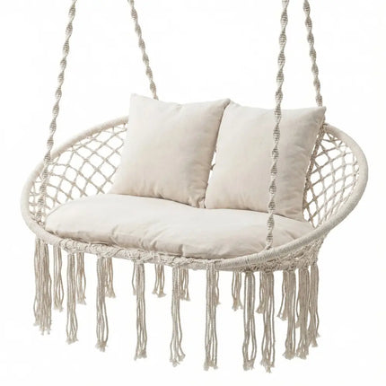 Double Swing Chair with Cushions Macrame Hanging Hammock Chair for Indoor and Outdoor Use-Beige - Beige - Hammocks