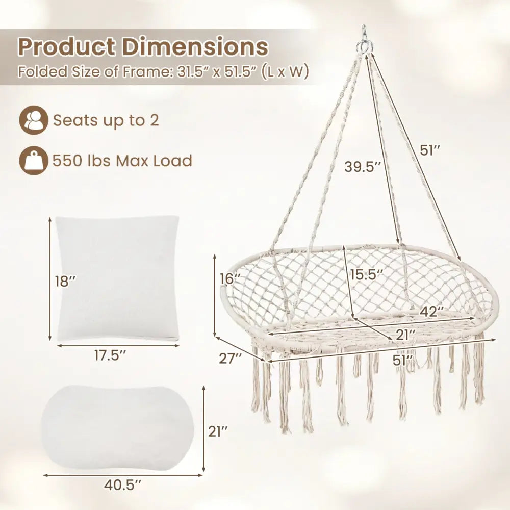 Double Swing Chair with Cushions Macrame Hanging Hammock Chair for Indoor and Outdoor Use-Beige - Beige - Hammocks