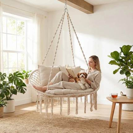 Double Swing Chair with Cushions Macrame Hanging Hammock Chair for Indoor and Outdoor Use-Beige - Beige - Hammocks