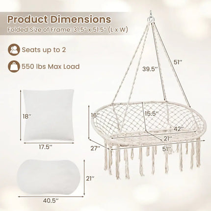 Double Swing Chair with Cushions Macrame Hanging Hammock Chair for Indoor and Outdoor Use-Beige - Beige - Hammocks