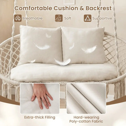 Double Swing Chair with Cushions Macrame Hanging Hammock Chair for Indoor and Outdoor Use-Beige - Beige - Hammocks