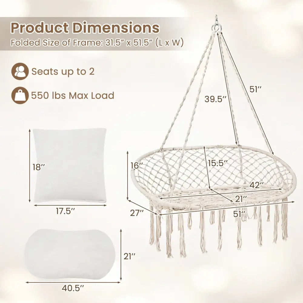 Double Swing Chair with Cushions Macrame Hanging Hammock Chair for Indoor and Outdoor Use-Beige - Beige - Hammocks