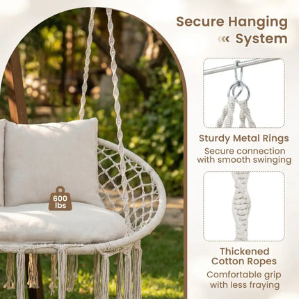 Double Swing Chair with Cushions Macrame Hanging Hammock Chair for Indoor and Outdoor Use-Beige - Beige - Hammocks