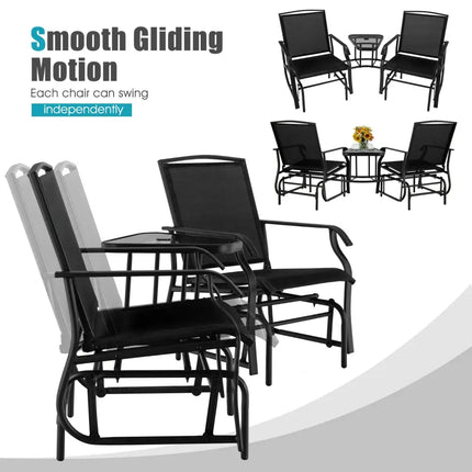 Double Swing Glider Rocker Chair set with Glass Table-Black - Black - Patio Conversation Sets