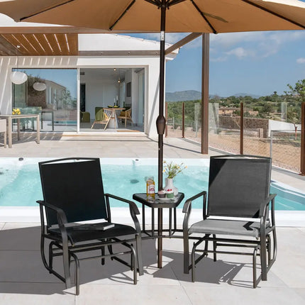 Double Swing Glider Rocker Chair set with Glass Table-Black - Black - Patio Conversation Sets
