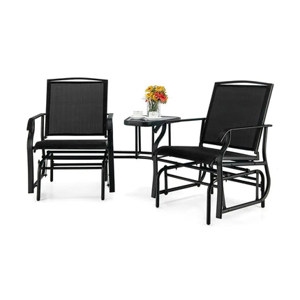 Double Swing Glider Rocker Chair set with Glass Table-Black - Black - Patio Conversation Sets
