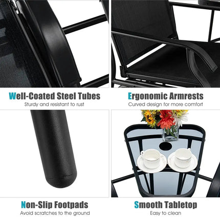 Double Swing Glider Rocker Chair set with Glass Table-Black - Black - Patio Conversation Sets