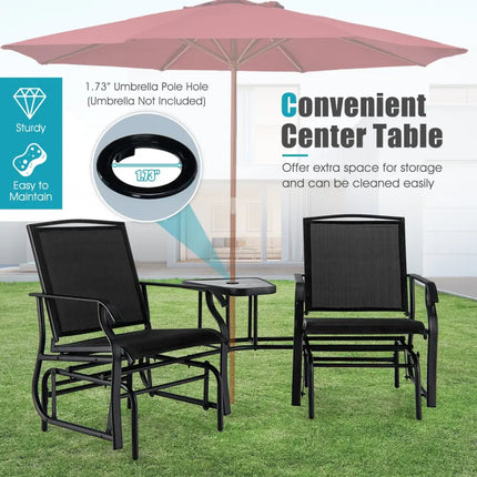 Double Swing Glider Rocker Chair set with Glass Table-Black - Black - Patio Conversation Sets