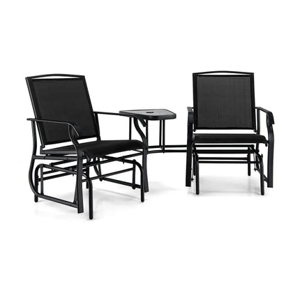 Double Swing Glider Rocker Chair set with Glass Table-Black - Black - Patio Conversation Sets