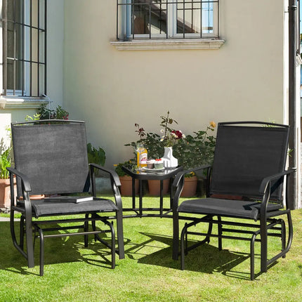 Double Swing Glider Rocker Chair set with Glass Table-Black - Black - Patio Conversation Sets