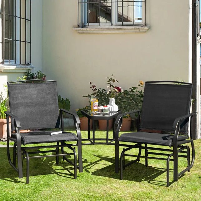 Double Swing Glider Rocker Chair set with Glass Table-Black - Black - Patio Conversation Sets