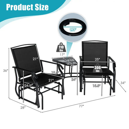 Double Swing Glider Rocker Chair set with Glass Table-Black - Black - Patio Conversation Sets