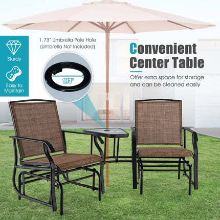 Double Swing Glider Rocker Chair set with Glass Table-Brown - Brown - Patio Conversation Sets
