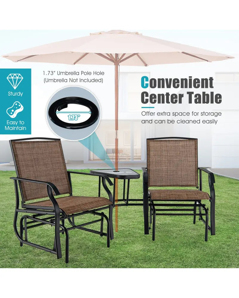 Double Swing Glider Rocker Chair set with Glass Table-Brown - Brown - Patio Conversation Sets