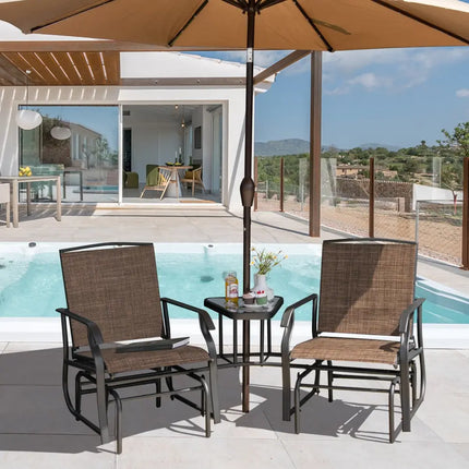 Double Swing Glider Rocker Chair set with Glass Table-Brown - Brown - Patio Conversation Sets