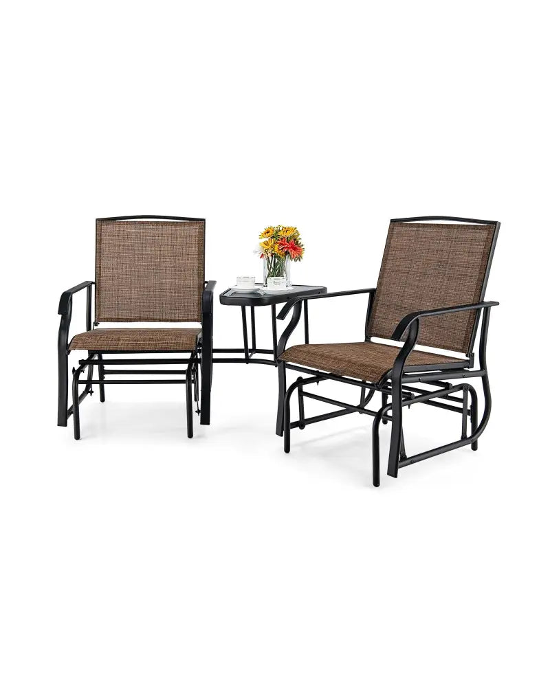 Double Swing Glider Rocker Chair set with Glass Table-Brown - Brown - Patio Conversation Sets