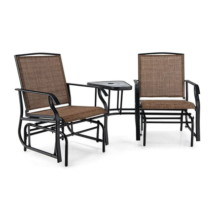 Double Swing Glider Rocker Chair set with Glass Table-Brown - Brown - Patio Conversation Sets