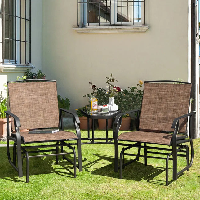 Double Swing Glider Rocker Chair set with Glass Table-Brown - Brown - Patio Conversation Sets