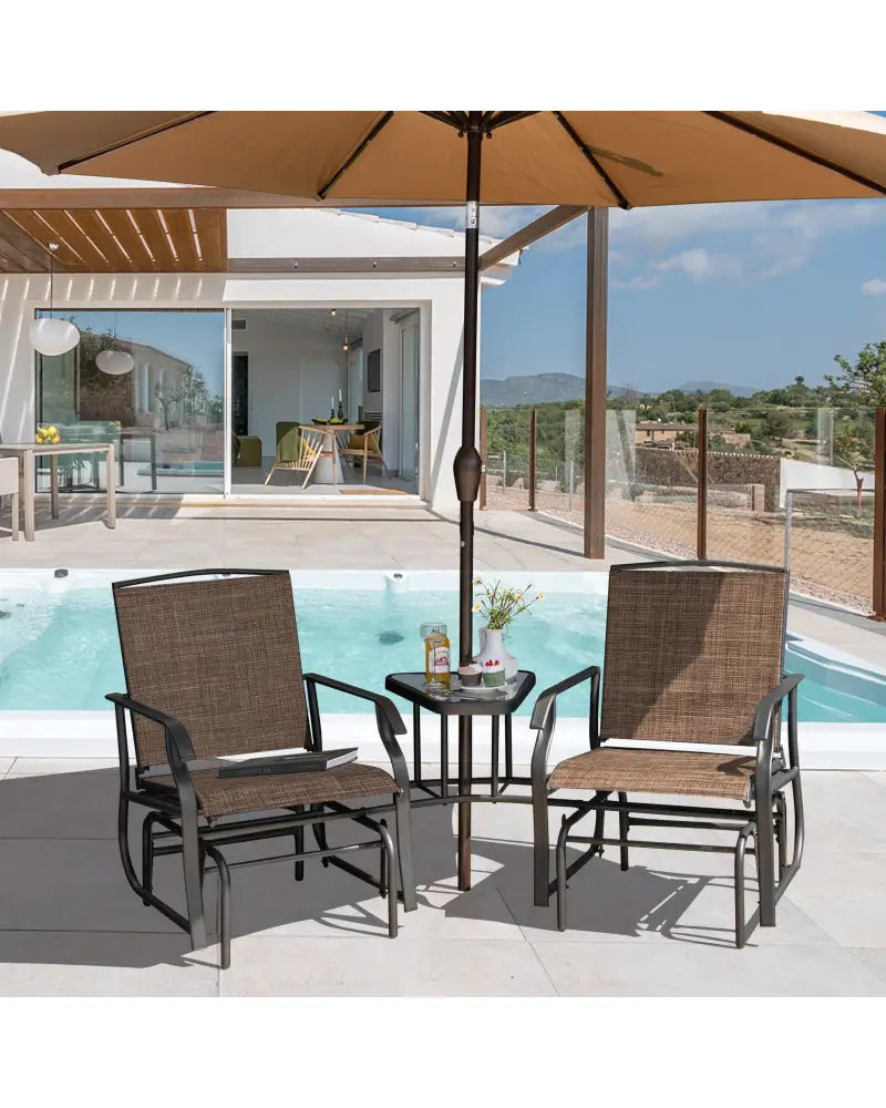 Double Swing Glider Rocker Chair set with Glass Table-Brown - Brown - Patio Conversation Sets