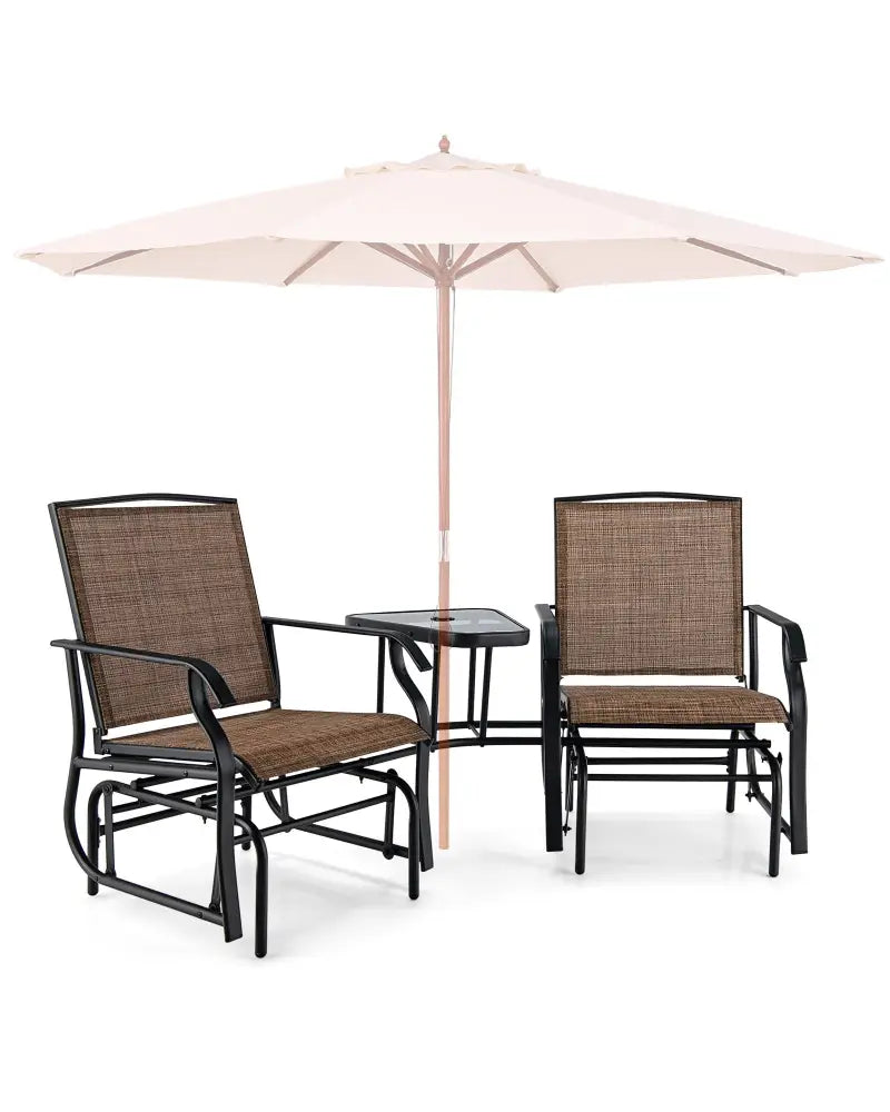 Double Swing Glider Rocker Chair set with Glass Table-Brown - Brown - Patio Conversation Sets