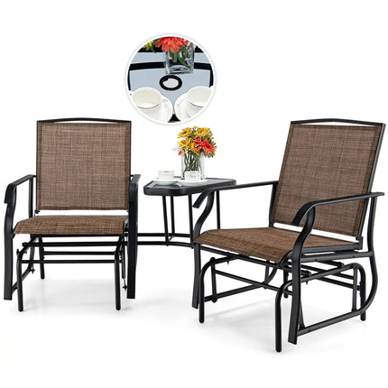 Double Swing Glider Rocker Chair set with Glass Table-Brown - Brown - Patio Conversation Sets