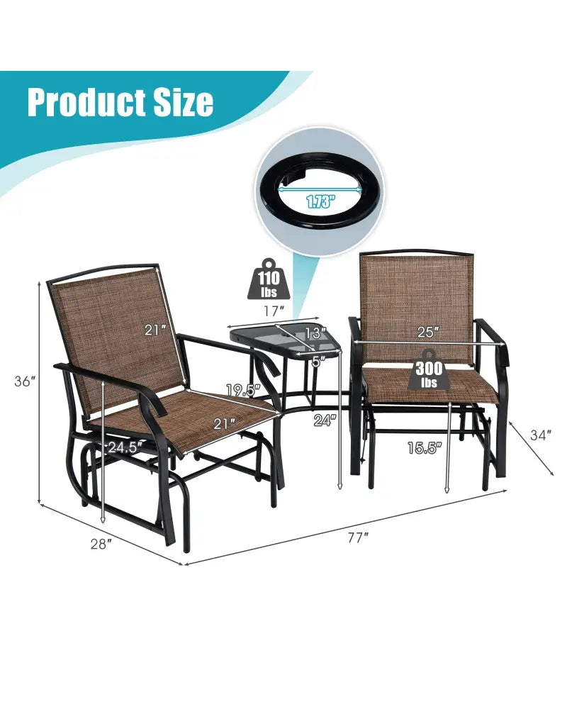 Double Swing Glider Rocker Chair set with Glass Table-Brown - Brown - Patio Conversation Sets