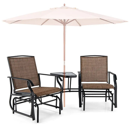 Double Swing Glider Rocker Chair set with Glass Table-Brown - Brown - Patio Conversation Sets