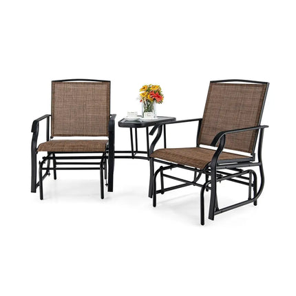 Double Swing Glider Rocker Chair set with Glass Table-Brown - Brown - Patio Conversation Sets