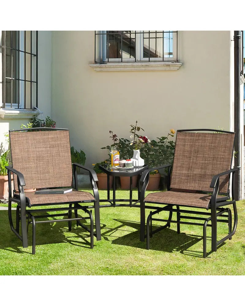 Double Swing Glider Rocker Chair set with Glass Table-Brown - Brown - Patio Conversation Sets
