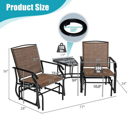 Double Swing Glider Rocker Chair set with Glass Table-Brown - Brown - Patio Conversation Sets
