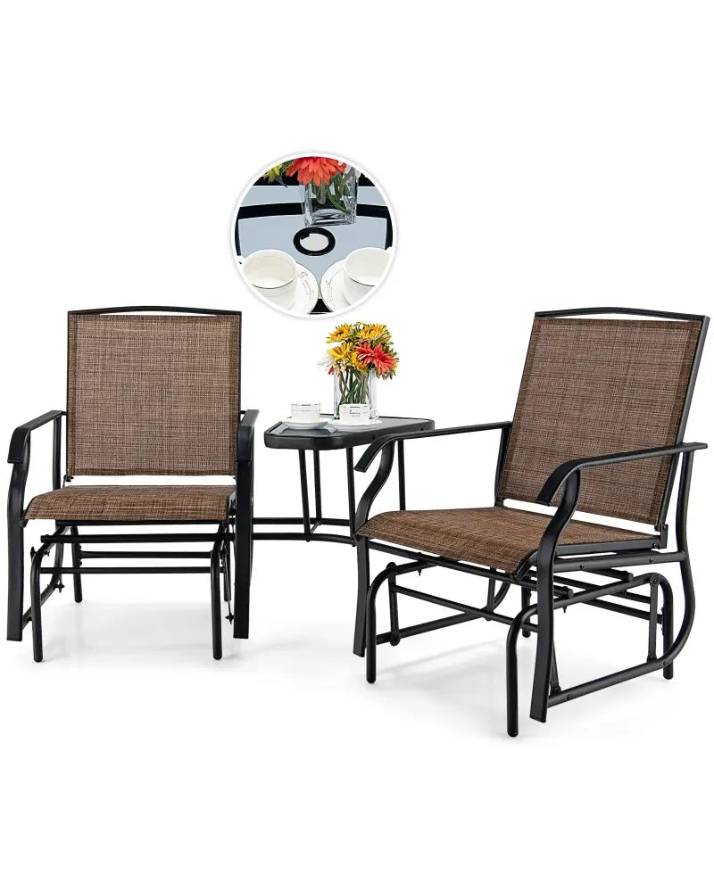 Double Swing Glider Rocker Chair set with Glass Table-Brown - Brown - Patio Conversation Sets