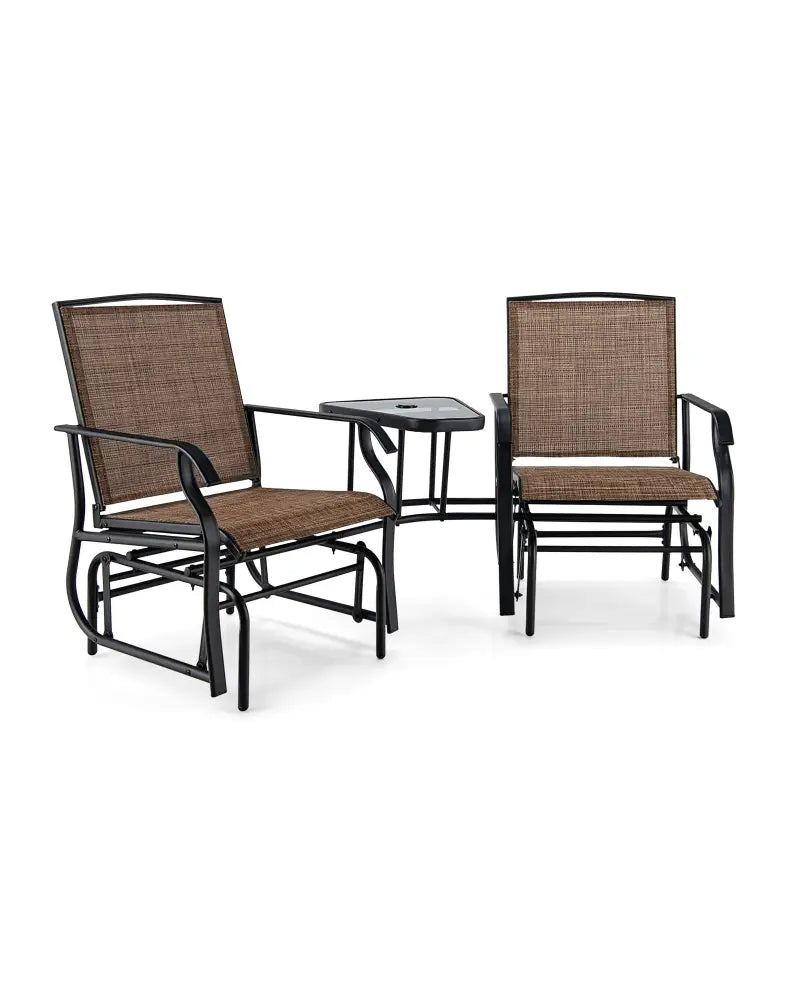 Double Swing Glider Rocker Chair set with Glass Table-Brown - Brown - Patio Conversation Sets