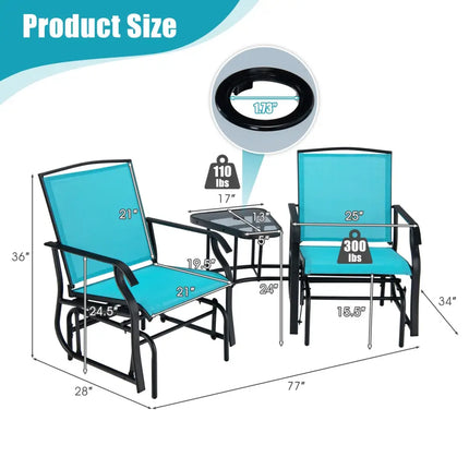 Double Swing Glider Rocker Chair set with Glass Table-Turquoise - Turquoise - Patio Conversation Sets