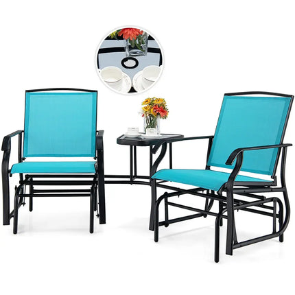 Double Swing Glider Rocker Chair set with Glass Table-Turquoise - Turquoise - Patio Conversation Sets