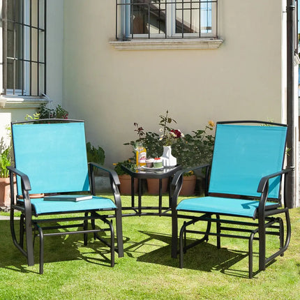 Double Swing Glider Rocker Chair set with Glass Table-Turquoise - Turquoise - Patio Conversation Sets