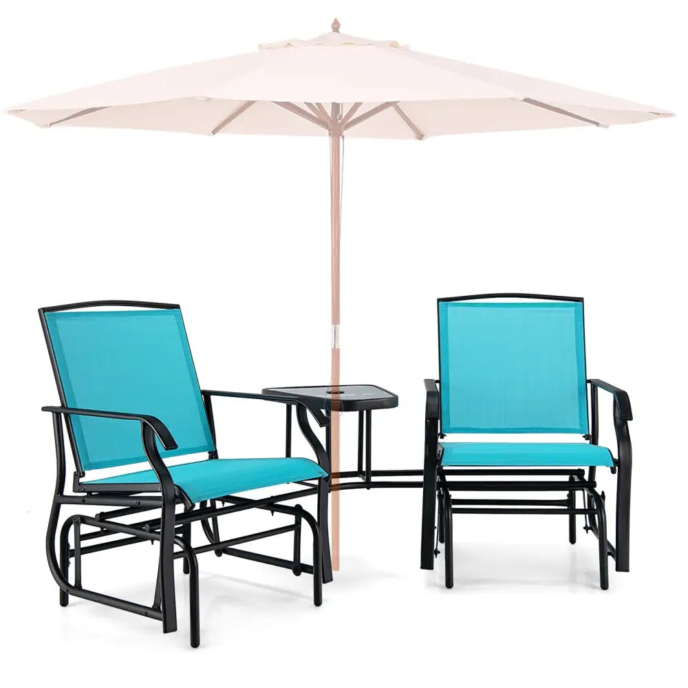 Double Swing Glider Rocker Chair set with Glass Table-Turquoise - Turquoise - Patio Conversation Sets