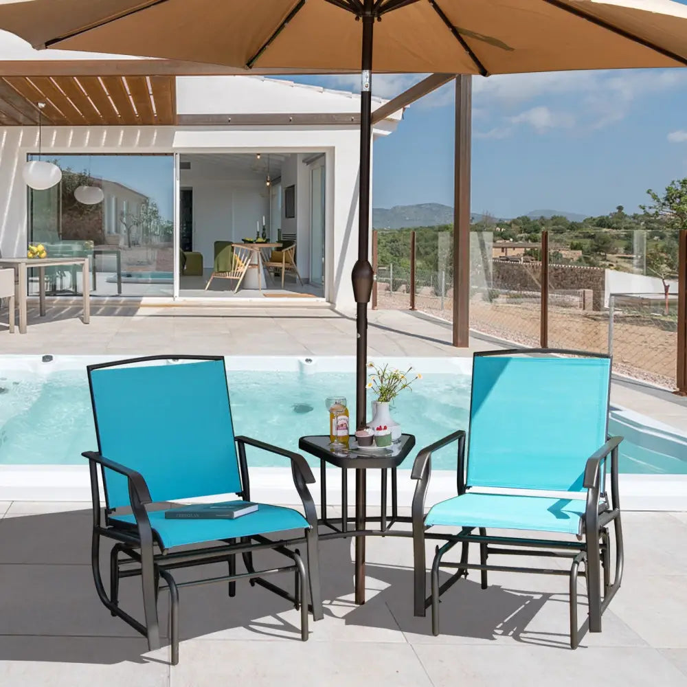 Double Swing Glider Rocker Chair set with Glass Table-Turquoise - Turquoise - Patio Conversation Sets