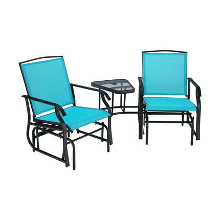 Double Swing Glider Rocker Chair set with Glass Table-Turquoise - Turquoise - Patio Conversation Sets