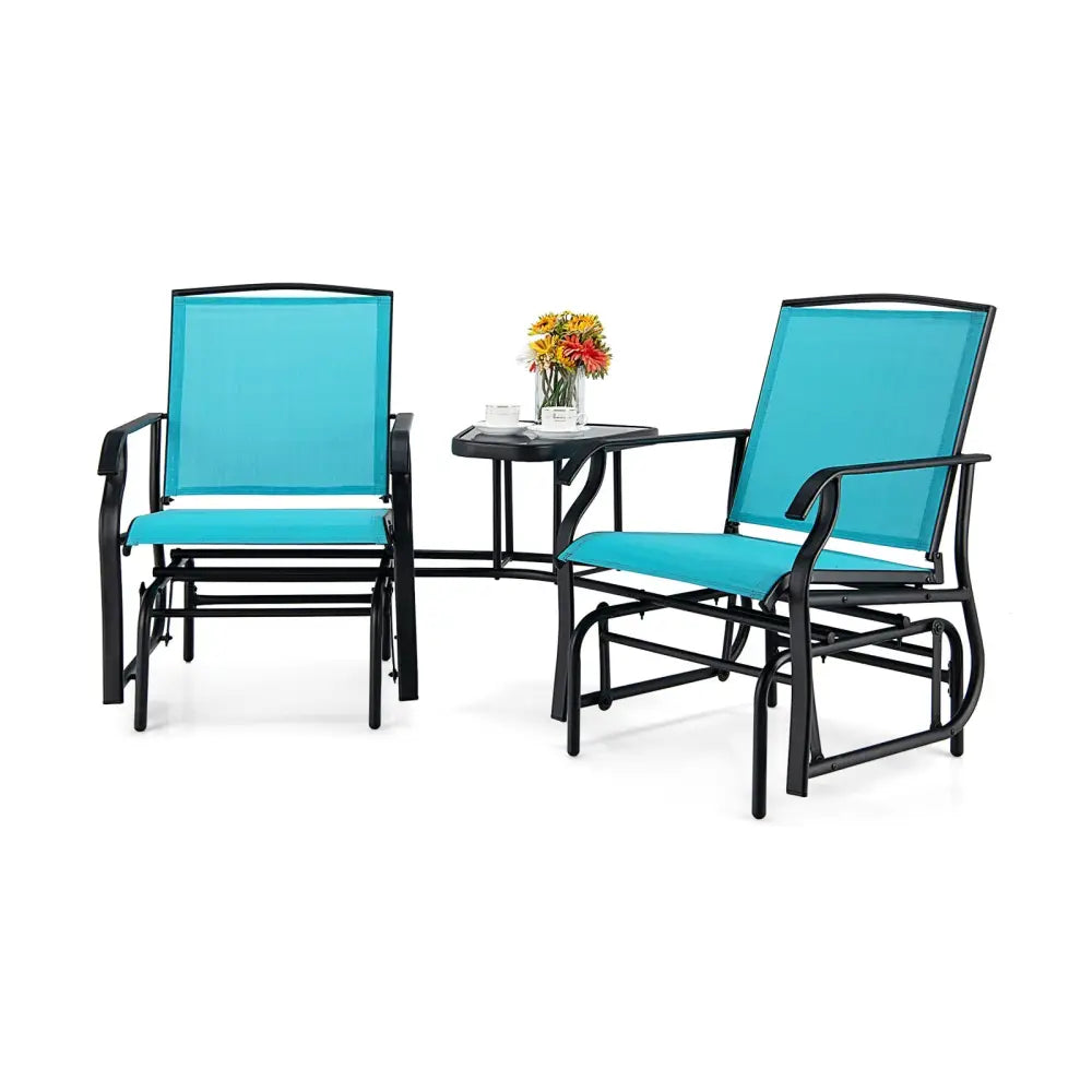 Double Swing Glider Rocker Chair set with Glass Table-Turquoise - Turquoise - Patio Conversation Sets