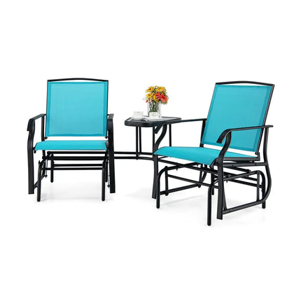 Double Swing Glider Rocker Chair set with Glass Table-Turquoise - Turquoise - Patio Conversation Sets