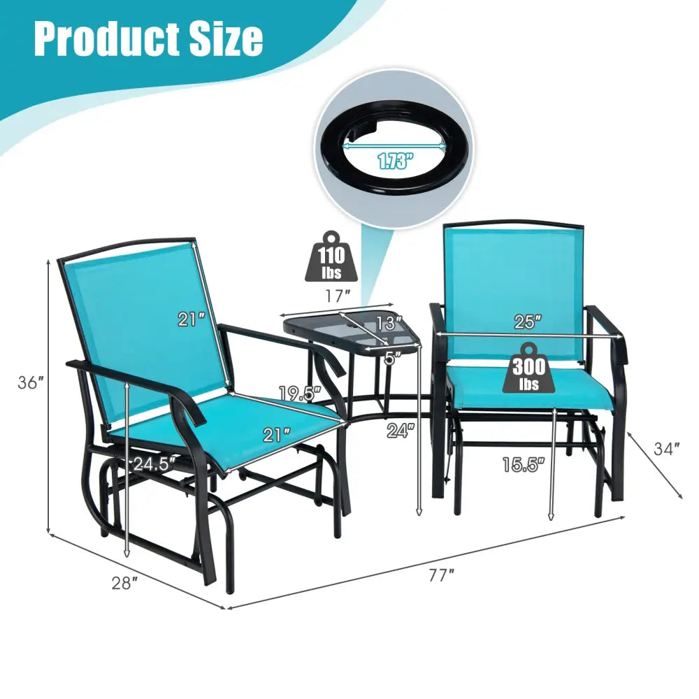 Double Swing Glider Rocker Chair set with Glass Table-Turquoise - Turquoise - Patio Conversation Sets