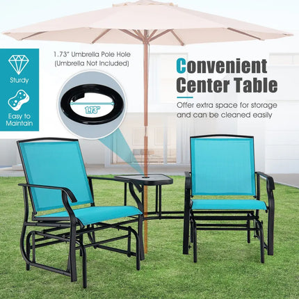 Double Swing Glider Rocker Chair set with Glass Table-Turquoise - Turquoise - Patio Conversation Sets