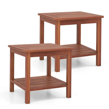 Double-Tier Acacia Wood Patio Side Table with Slatted Tabletop and Shelf - Natural - Patio Coffee Tables