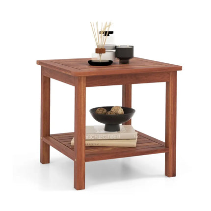 Double-Tier Acacia Wood Patio Side Table with Slatted Tabletop and Shelf - Natural - Patio Coffee Tables