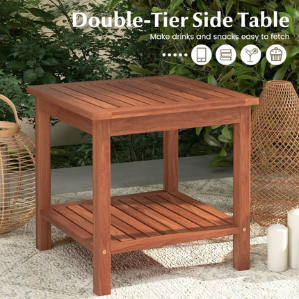 Double-Tier Acacia Wood Patio Side Table with Slatted Tabletop and Shelf - Natural - Patio Coffee Tables