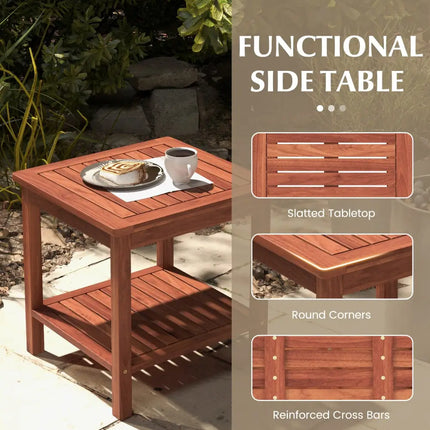 Double-Tier Acacia Wood Patio Side Table with Slatted Tabletop and Shelf - Natural - Patio Coffee Tables