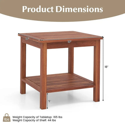Double-Tier Acacia Wood Patio Side Table with Slatted Tabletop and Shelf - Natural - Patio Coffee Tables