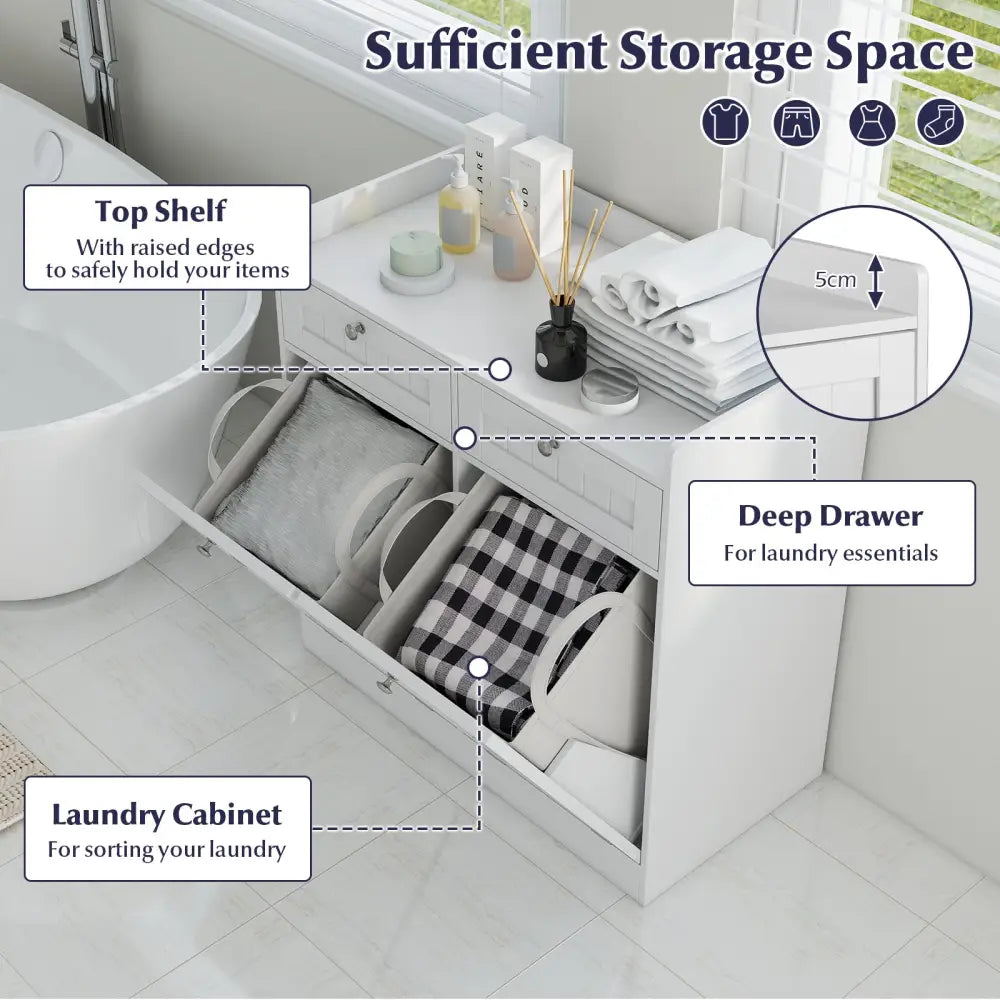 Double Tilt-Out Laundry Hamper Cabinet with 2 Drawers and Removable Laundry Bags-White - White - Laundry Baskets