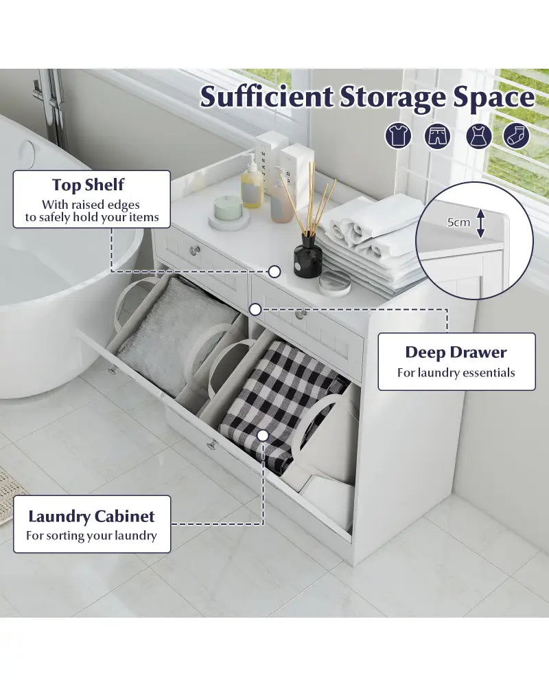 Double Tilt-Out Laundry Hamper Cabinet with 2 Drawers and Removable Laundry Bags-White - White - Laundry Baskets
