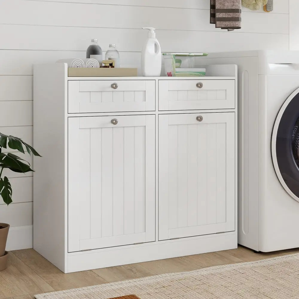 Double Tilt-Out Laundry Hamper Cabinet with 2 Drawers and Removable Laundry Bags-White - White - Laundry Baskets